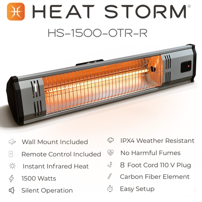 OTR-R with feature icon list, wall mount, remote control, instant heat, 1500 watts, silent operation, IPX4 weather resistant, no harmful fumes, 8 ft cord 110 V plug, carbon fiber Element, easy set up